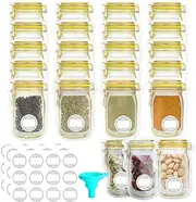 Mason Jar Bottles, 30 PCS Reusable Zipper Bags With Labels & Funnel, Airtight Seal Spice Storage Snack Saver Leak-Proof Zip-Lock for Travel Camping Picnic (Yellow, S)