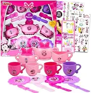 Minnie Mouse Tea Party Play Set - 17 Piece Tea Set Bundle with Minnie Mouse Tea Cups, Saucers, Tea Kettle with Stickers | Minnie Teapot Sets for Girls