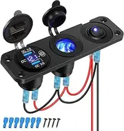 12V Marine Outlet Socket,Quick Charge 3.0 12 Volt USB Outlet USB Outlet with LED Voltmeter Waterproof Cigarette Lighter Round Switch for Car, RV, Motorcycle, Boat, Golf, ATV, etc (Blue)
