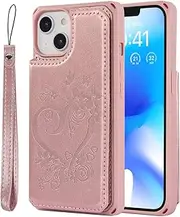 Cavor for iPhone 14 Wallet Case PU Leather TPU Back Cover Flip Magnetic Clasp Heart Flower Butterfly Shockproof Cases Lanyard Card Slots Holder Kickstand for iPhone 14 6.1''-Heart Flower Rose