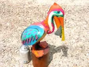 Metal Art Pelican Bird with fish, Hand painted and Distressed, Junk Iron Art, C