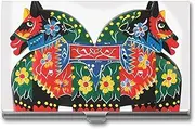 [VFMKT] Slim Metal Business Card Holder Portable Business Card Case Pocket Name Card Holder Runner Swedish Dala Horse Folk Wallet for Men Women Office Travel, style, One Size