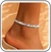 [Atentuyi] Boho Wedding Sparkling Rhinestone Anklet Bracelet Silver Petite CZ Tennis Diamond Anklet Barefoot Sandals Crystal Foot Chain Delicate Simple Holiday Summer Beach Minimalist Wrist Women