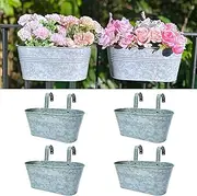 LaLaGreen Outdoor Plants Rail Planter (4 Pack, 16 Inch) Silver Metal Iron Hanging Flower Pot Deck Railings Fence Bucket Modern Boho Style Wall Mount Window Box Plant Wall Hanger Hooks Porch Home Decor