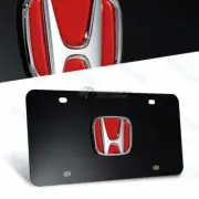 3D Red HONDA Logo Front Gloss Black Stainless Steel License Plate Frame W/ Caps (for: Honda Civic)