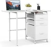 Giantex 2-in-1 Folding Computer Desk for Small Space, Rolling Home Office Desk with Drawers & Lockable Universal Wheels, Mobile Study Writing Desk for Living Room, Office, Bedroom & Study (White)