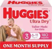 Ultra Dry Nappies Girls Size 3 (6-11Kg) 180 Count - One Month Supply (Packaging
