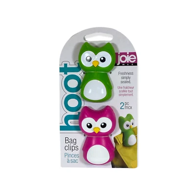 Joie 2pc Hoot Owl Themed Mini Snack Chip Bag Clips Fresh Saver Clamp Pink Green