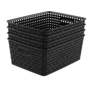 Plastic Weave Storage Baskets, Plastic Shelf Basket Bins, Black, 4 Packs