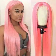 Straight lace wig pre extraction, synthetic lace wig pre extraction, high-definition adhesive free wig (Pink, 75cm)