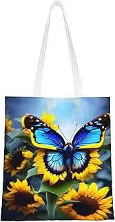 GaxfjRu Sunflower Blue Butterfly Canvas Tote Bag for Women,Concert Tour Tote Bag, Bag Reusable Large Capacity Women Handbags, Black, One Size