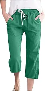 [Generic] Women Capris Pants Linen Summer Drawstring High Waist Pants Lightweight Baggy Comfy Fit Casual Lounge Trousers 2025