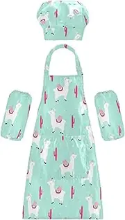 AIXIWAWA Kids Apron Chef Hat Set, Child Kitchen Bib Aprons Adjustable for Cooking Baking Painting (Cute White Llama)