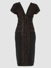 $408 Tadashi Shoji Women Black Fringe-Trim V-Neck Cap-Sleeve Sheath Dress Size 6