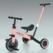 [ASBERY] 4 in 1 Kids Tricycle for 1-4 Years Old Boys & Girls, Toddler Balance Bike with Cup & Phone Holder, Adjustable Seat & Detachable Pedal (Pink)