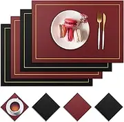 Neween Placemats and Coasters Set of 4, PU leather Heat-Resistant Table Mats Non-Slip Washable Place Table Mats 45x30 cm for Kitchen Dining Table, Home, Restaurant, Hotel (Black Red)