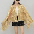 Lady Glitter Sequins Tassel Jacket Long Sleeve Open Front Party Club Shiny Tops