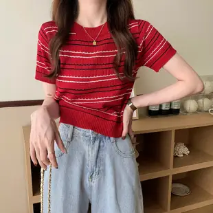 韓國時尚簡約條紋圓領短袖針織t恤女寬鬆修身百搭休閒上衣
