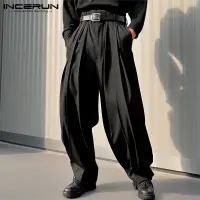 在飛比找蝦皮商城優惠-Incerun 男士韓版日常百褶純色休閒時尚長褲