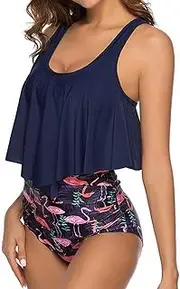 [Adisputent] Youthny Women's Retro Tankini Flounce High Waisted Bikini Halter Neck Two Piece Swimsuit for Beach