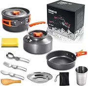Camping Cookware Mess Kit, Non-Stick Lightweight Portable Pot Pan Kettle Set with Stainless Steel Cup Plate Fork Knive Spoon for Camping, Backpacking, Garden Outdoor Cooking and Picnic