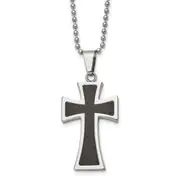 Stainless Steel Chisel Polished With Carbon Fiber Inlay Cross Pendant On A 22 Inch Ball Chain Necklace