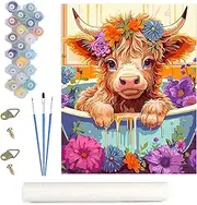 Onperpoe Highland Cow Flower Paint by Numbers for Adults Beginners, Colourful Highland Cow Gifts Animal Acrylic Simple Paint by Number Kits Canvas Decoration Without Frame 12x16in