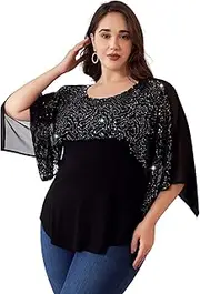 [LapaPlus] Plus Size Sequin Tops for Women 2025, Lace Half Sleeve Shirt Tunic Evening Party Tops Cocktail Blouse