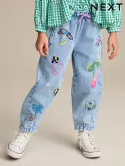 Mid Blue Pull On Embroidered Barrel 100% Cotton Jeans (3-16yrs) (E29129) | $44 - $55