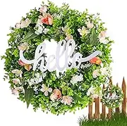 Artificial Eucalyptus Wreath, 18-Inch Garland, 45x45x10cm/18x18x4 Inches All-Season Decor, Hello Sign Accent, Farmhouse Style, Front Door Indoor Display PVC