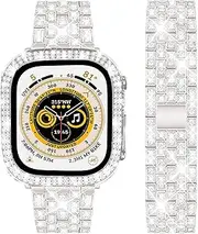 DEALELE Bands Compatible with iWatch Series 8 Ultra 49mm, Bling Rhinestone Diamond Metal Strap with Protective Case Cover Replacement for Apple Watch Ultra 49mm