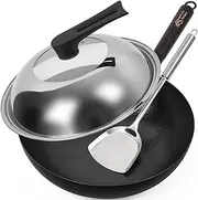 12.5 Inch Carbon Steel Wok for Electric, Induction and Gas Stoves (Lid, Spatula and User Guide Video Included)