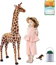 Giant Giraffe Stuffed Animal Set, 47 Inch Large Plush Giraffe Toy with Bird&Basket&Leaves&Card, Big Lifelike Standing Giraffe for Girls Boys