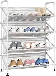[FKUO] 4 Tier Shoe Rack for Closet Mesh Fabric Metal Shoe Racks, Small Shoe Storage Organizer Shelf for Entryway, Hallway, Dorm Room (White, Wider 4 Tier)