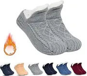 [HOBIVA] Fleecesox - Fleece-Lined Non-Slip Thermal Slippers Socks，V-Mouth Fluffy Slipper Socks，Indoor Non-slip Thermal Socks，For men and women (gray,l)