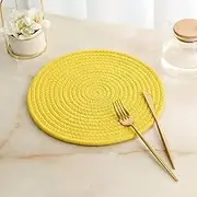 qbodp Round Weave Cotton Rope Placemats for Dining Table Set of 2,Heat Resistant Non Slip Kitchen Dinner Mats Handmade Weave Non Slip Table Mats Coaster,Yellow,11.8In(30cm)