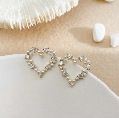 Elegant Classic Pearl Heart Crystal Stud Earrings Women Mom Gift - New