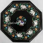 Black Marble Coffee Table Top Elephant Pattern Inlay Work Hallway Side Table