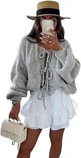 [Valtorixia] Women Y2K Tie Front Knitted Cardigan Sweater Chunky Knit Long Puff Sleeve Trendy Fall Winter Jacket Coats