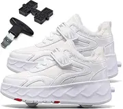 [AMMFIT] Boys and Girls Roller Skates Shoes with Double-Row Wheels Winter Warmth Sneakers Retractable Technical Skateboarding Shoes for Kids,White-12LittleKid