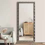 Vertical Carved Full-Length Wall Mirror 180x80cm - Retro PS Frame for Bedroom, Living Room & Entryway - American Style Decorative Mirror (Silver 180 * 80)