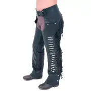 Cowboy Black Leather Fringe Bones Rodeo Riding Chaps For Mens Waist Size 36-38''