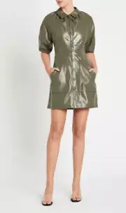 Rebecca Taylor Green Vegan Patent Leather Mini Dress Half Sleeve Front Snap Clos