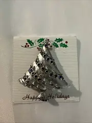 Vintage Christmas Tree Brooch Pin, Silver Color with Round Multicolor Crystals