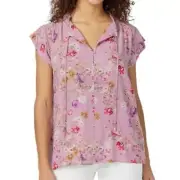 Buffalo Ladies' Flutter Sleeve Floral Top Split Neckline Tie Closure, Lilac, L