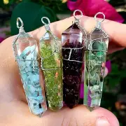 Larimar , Garnet , Peridot , Emerald Crystal Gemstone resin point pendants - 4pc