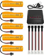 Fytoo 5PCS 3.7V 3000mAh Li ion Battery with SM-2P Plug and 5in1 Charger Suitable for DE42 DE44 DE45 DE68 RC Remote Control Drifting Car Truck Off-Road Racing Car