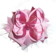 Puppy Bows ~ Pink rose feather glitter bow 5" big collar slide (DC45)