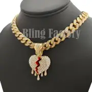 Hip Hop Drip Broken Heart pendant 20" Iced Box Lock Cuban Choker Chain Necklace