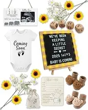 24 PCS Pregnancy Announcement Set, Baby Announcement Gift Sets, Felt Letter Board, Bodysuit, Thick & Thin Socks, Photo Frame, Wood Blocks, Wooden Sign, Pregnancy Reveal Ideas for Coming Soon Baby